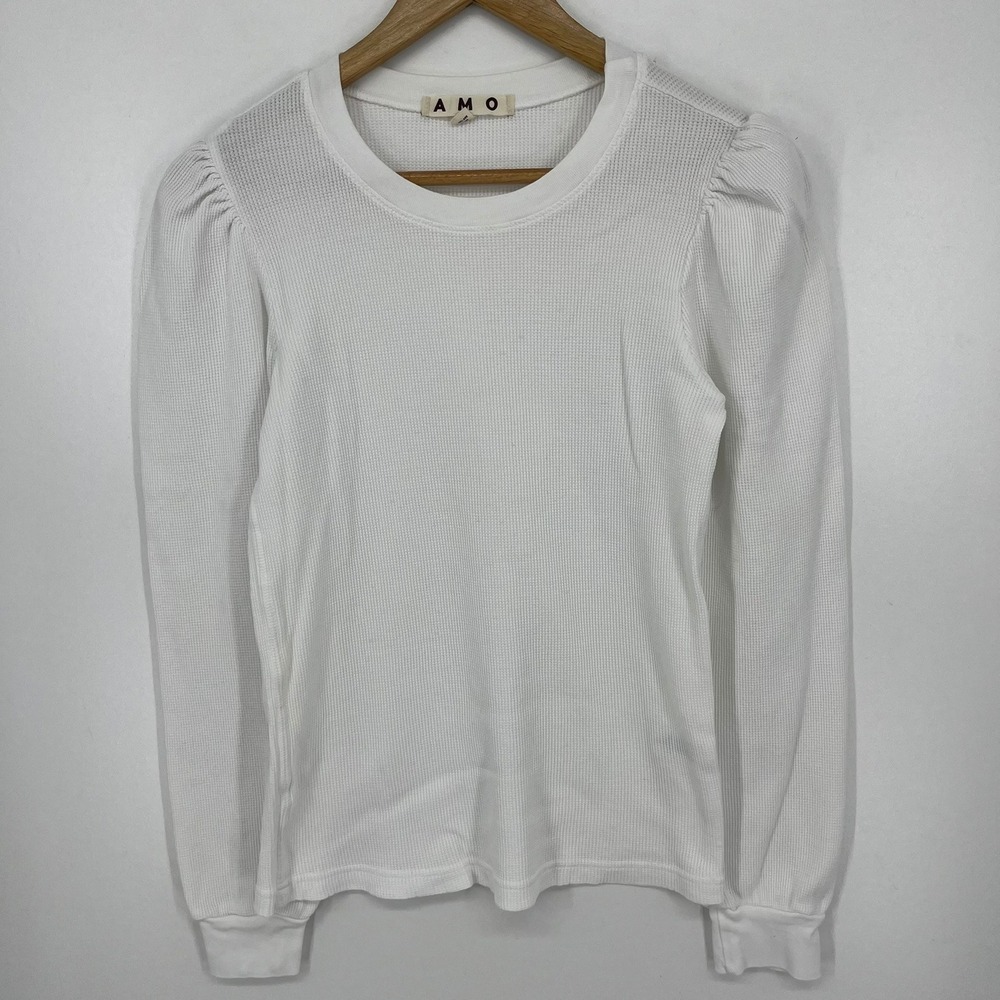 AMO Womens White Waffle Knit Puff Shoulder Long Sleeve Top XL Organic Cotton